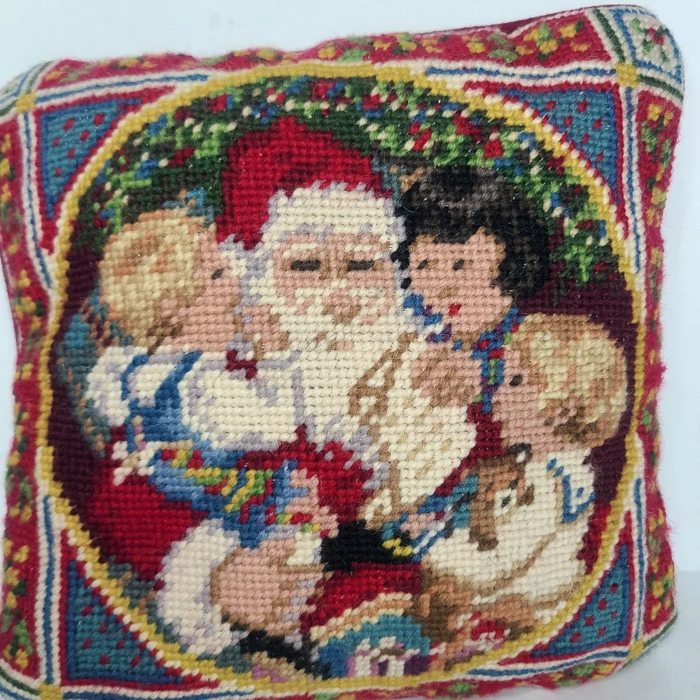 Vintage Christmas Needlepoint Santa and Children‎ Small Accent Pillow